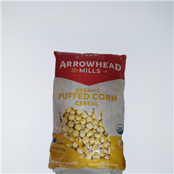 Organic Arrowhead Mills Puffed Corn Cereal. Made with whole grain yellow corn, it's gluten-free, non-GMO, and free from added salt or sugar.