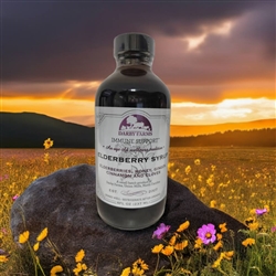 Darby Farms Elderberry Syrup 16 oz. - Minimally sweetened organic and wild crafted ingredients, no refined sugars or artificial additives. Supports wellness with natural elderberries, raw honey, ginger, cinnamon, and cloves. Shelf stable product handmade.