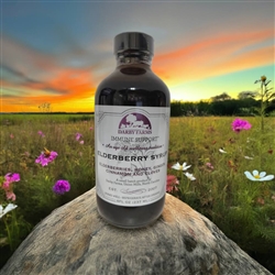 8 oz bottle of Darby Farms Elderberry Syrup, made with organic elderberries, raw honey, ginger, cinnamon, and cloves. No refined sugars, added flavorings, or artificial ingredients. Small batch product from Union Mills, North Carolina.